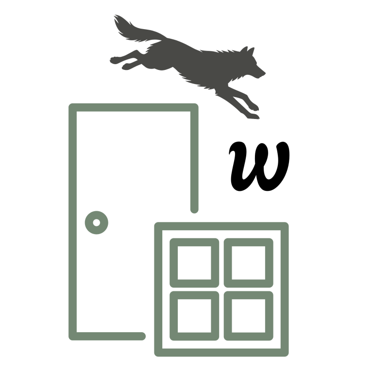 Skizze eines Wolfes der von einer Tür auf ein Fenster mit dem Buchstaben W springt.